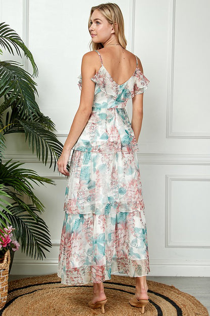 Ruffled Cream Floral Maxi Chiffon Dress