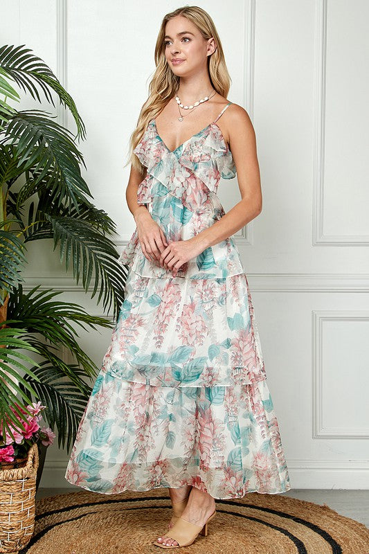 Ruffled Cream Floral Maxi Chiffon Dress