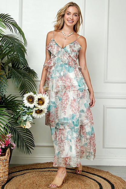 Ruffled Cream Floral Maxi Chiffon Dress