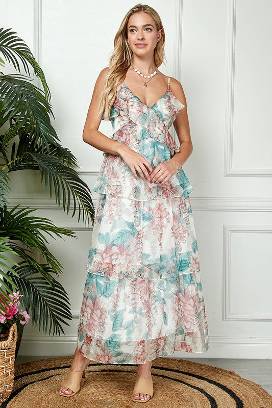 Ruffled Cream Floral Maxi Chiffon Dress