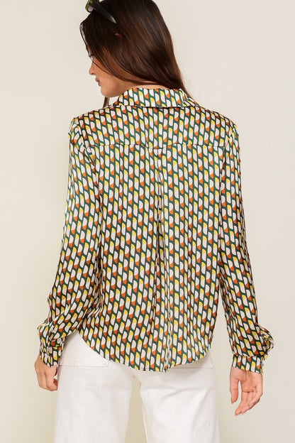 LONG SLEEVE BUTTON DOWN RETRO PRINT SATIN BLOUSE