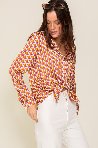 LONG SLEEVE BUTTON DOWN RETRO PRINT SATIN BLOUSE