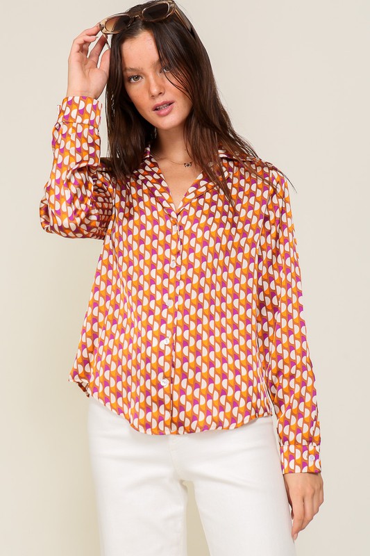 LONG SLEEVE BUTTON DOWN RETRO PRINT SATIN BLOUSE