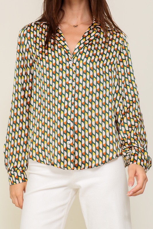 LONG SLEEVE BUTTON DOWN RETRO PRINT SATIN BLOUSE