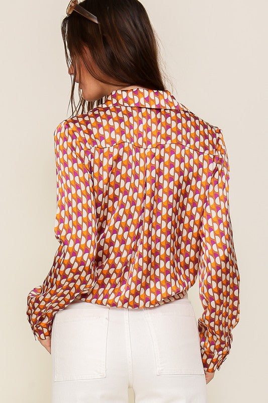 LONG SLEEVE BUTTON DOWN RETRO PRINT SATIN BLOUSE