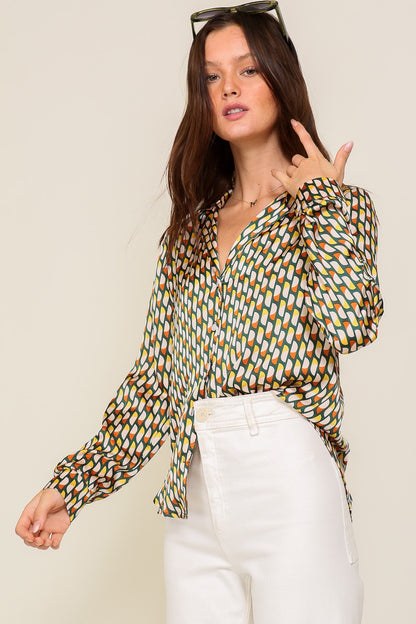 LONG SLEEVE BUTTON DOWN RETRO PRINT SATIN BLOUSE