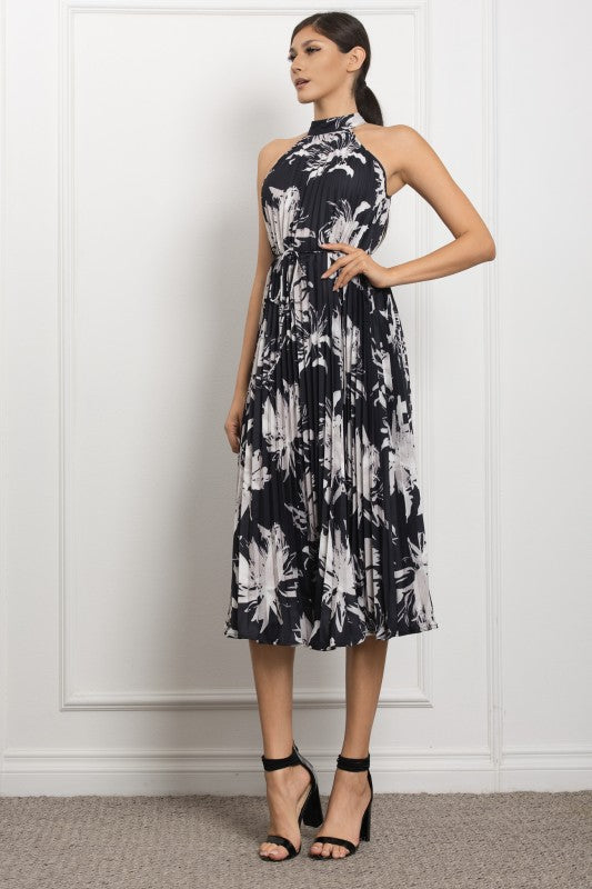 PRINTED HALTER NECK PLEATED MIDI DRESS