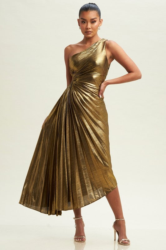 METALLIC CUTOUT OUT PLEATED DRESS