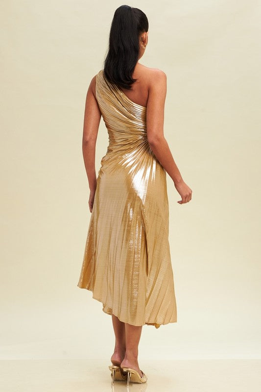 METALLIC CUTOUT OUT PLEATED DRESS