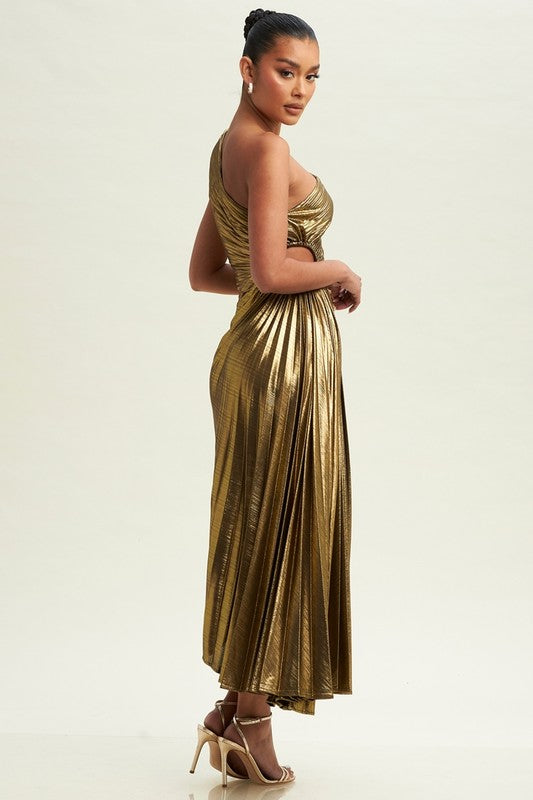 METALLIC CUTOUT OUT PLEATED DRESS