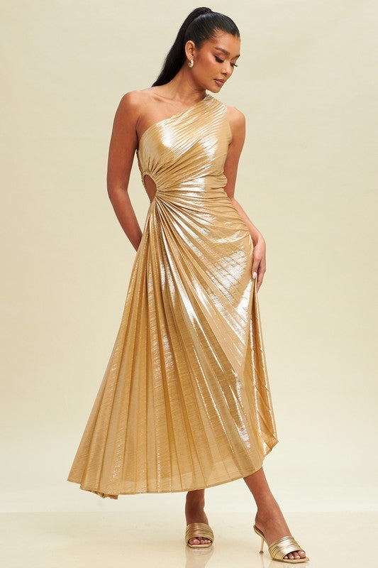 METALLIC CUTOUT OUT PLEATED DRESS