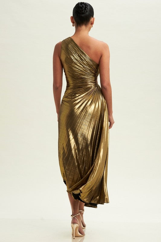 METALLIC CUTOUT OUT PLEATED DRESS