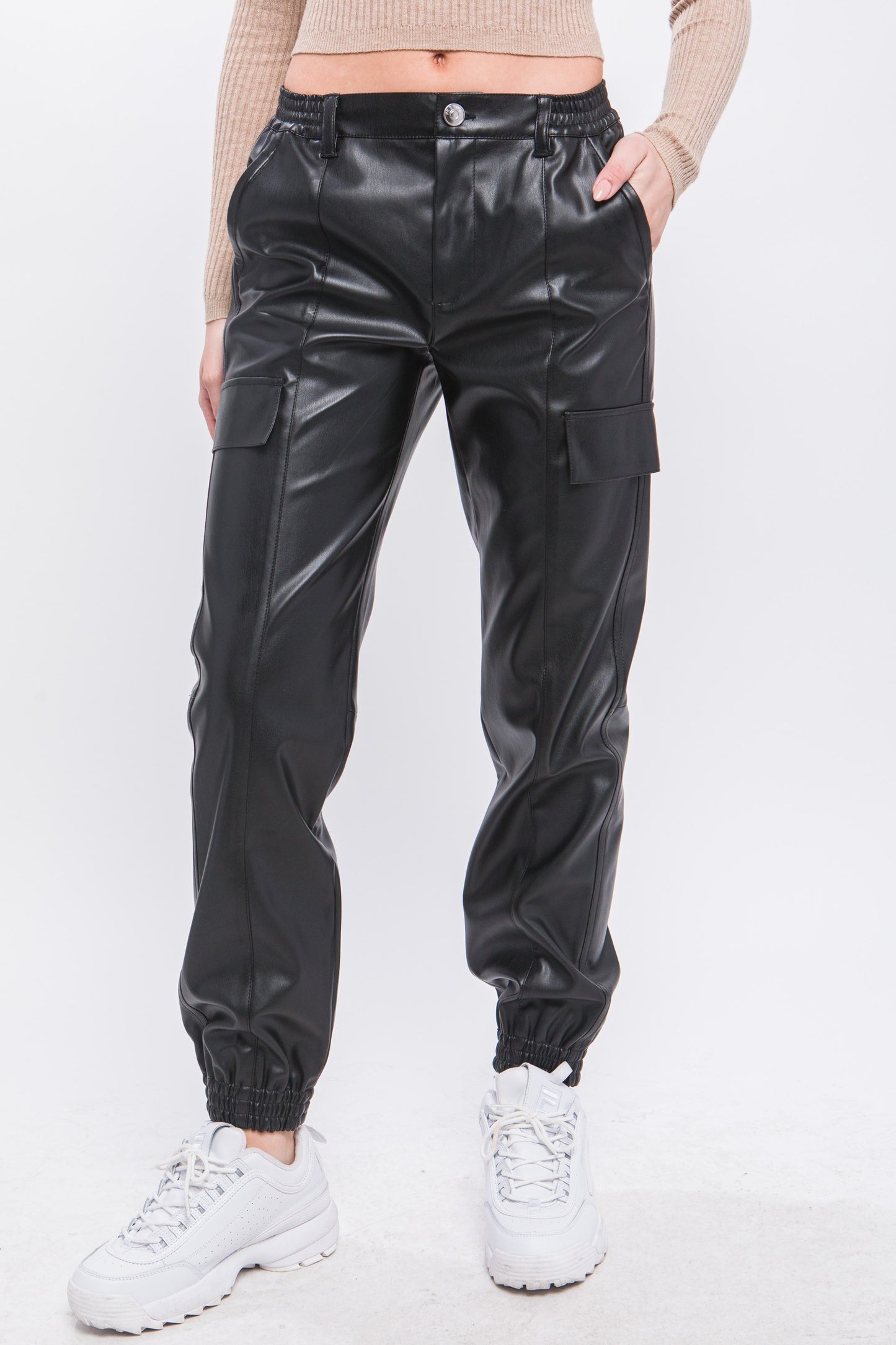 PU Cargo Pants With Ruched Elastic Detail