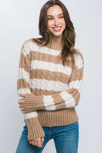 Striped Cable-Knit Pullover Sweater