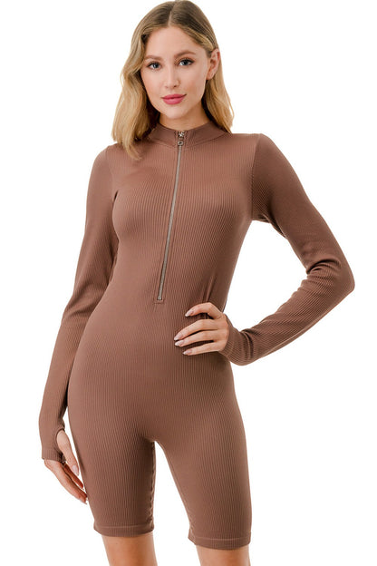 SOLID RIB ZIP FRONT LONG-SLEEVE ROMPER