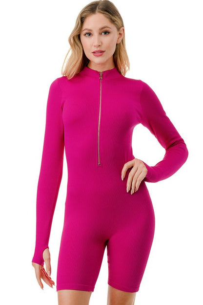 SOLID RIB ZIP FRONT LONG-SLEEVE ROMPER