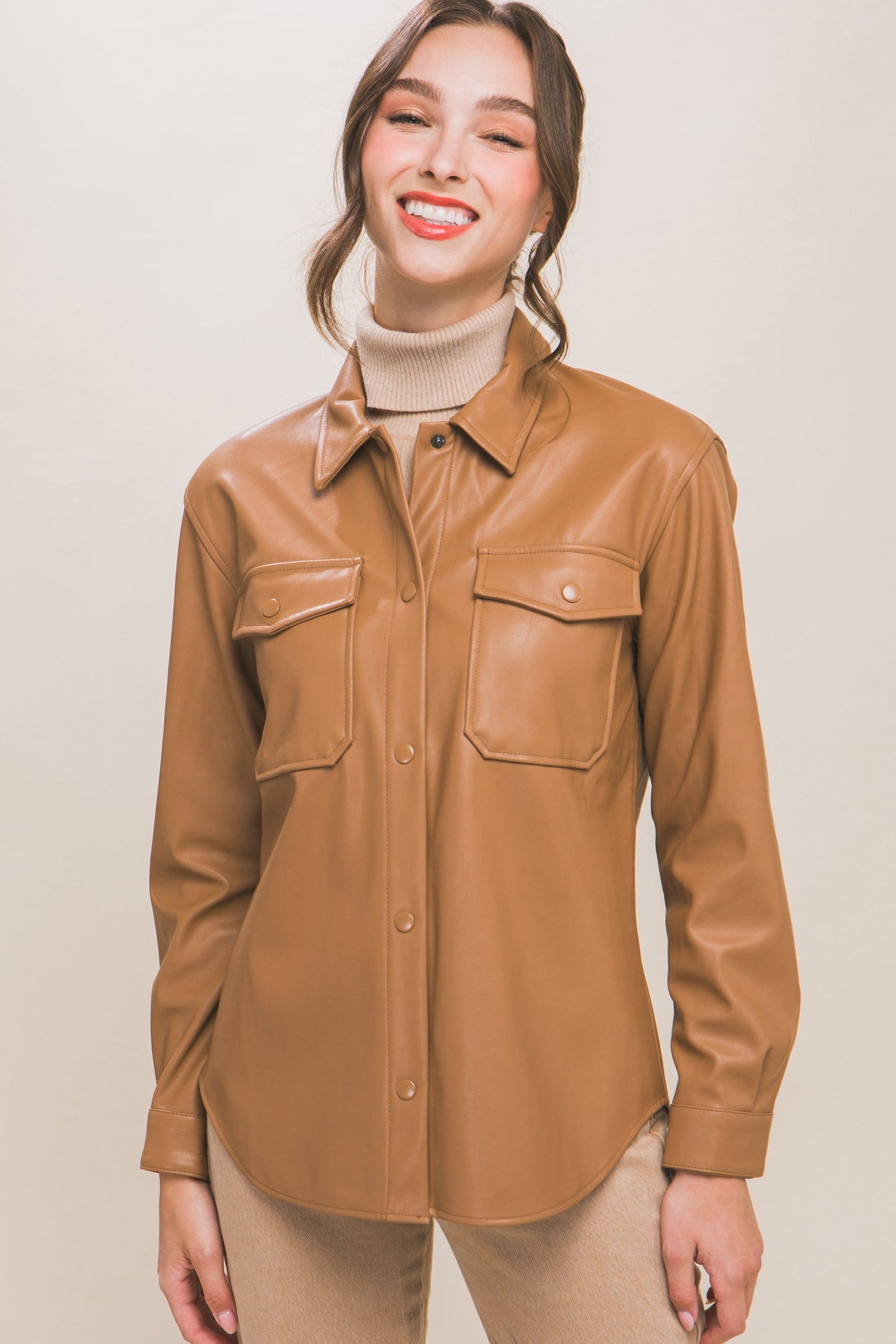 PU Faux Leather Button Down Shirt