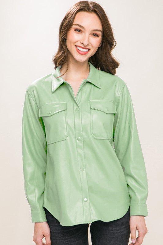 PU Faux Leather Button Down Shirt