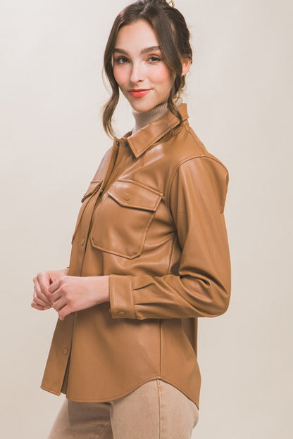 PU Faux Leather Button Down Shirt