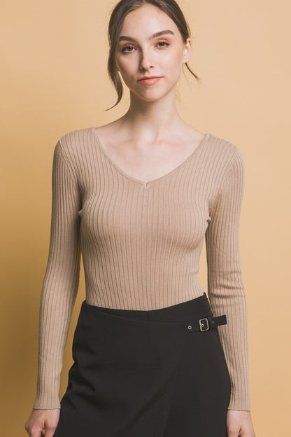 V Neckline Yarn Long Sleeve Body Suit