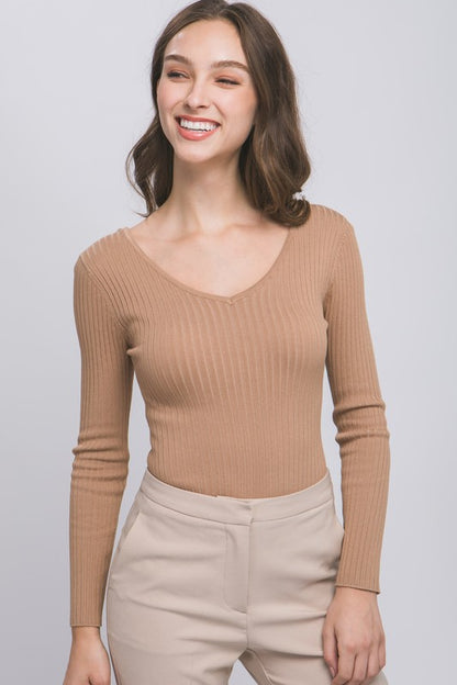 V Neckline Yarn Long Sleeve Body Suit