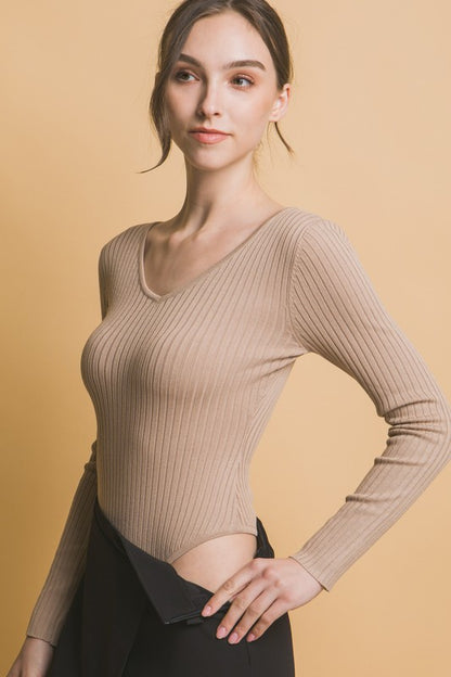 V Neckline Yarn Long Sleeve Body Suit