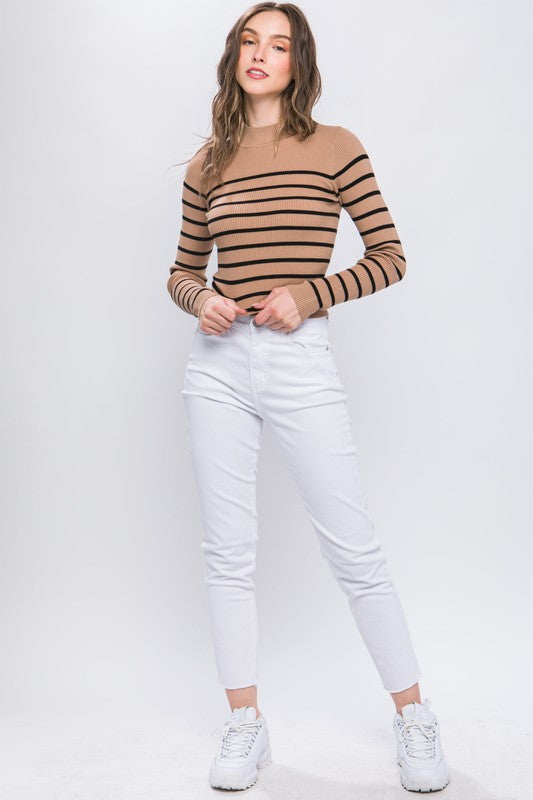 Mock Neck Ribbed Striped Long Sleeve Sweater