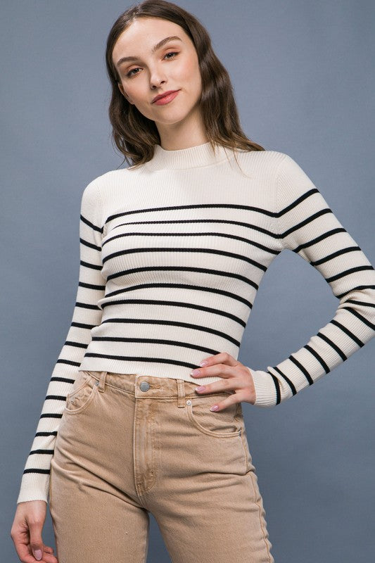 Mock Neck Ribbed Striped Long Sleeve Sweater