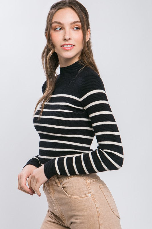 Mock Neck Ribbed Striped Long Sleeve Sweater