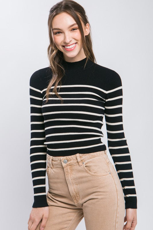 Mock Neck Ribbed Striped Long Sleeve Sweater