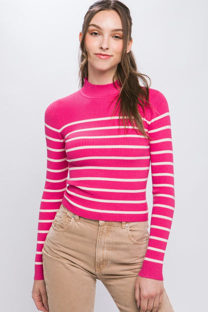 Mock Neck Ribbed Striped Long Sleeve Sweater