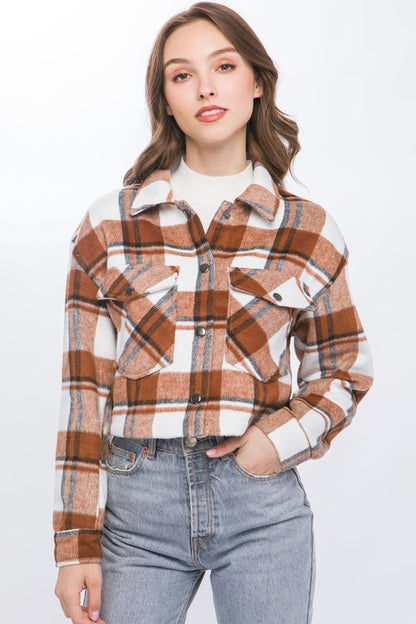 PLAID CROPPED BUTTON DOWN JACKET