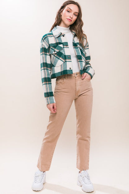 PLAID CROPPED BUTTON DOWN JACKET