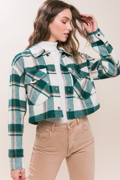 PLAID CROPPED BUTTON DOWN JACKET