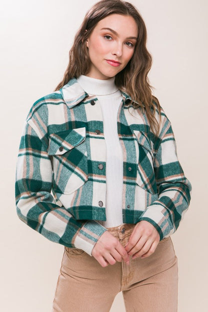 PLAID CROPPED BUTTON DOWN JACKET