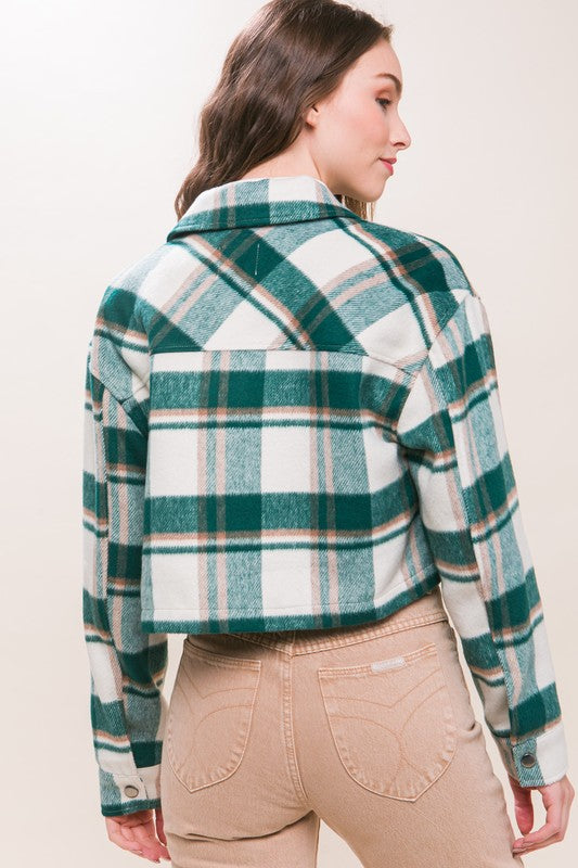 PLAID CROPPED BUTTON DOWN JACKET