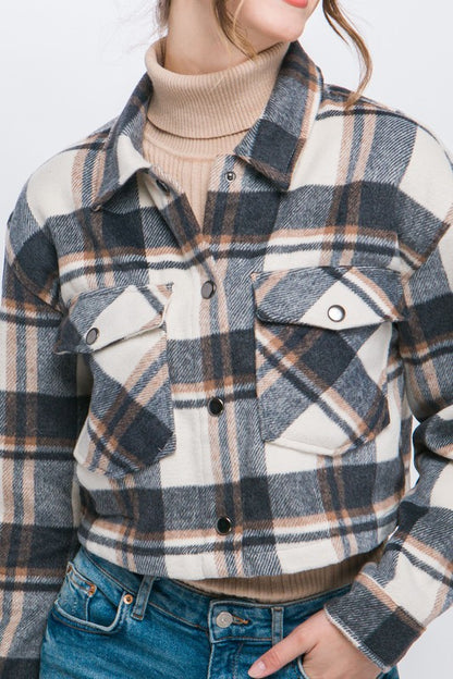 PLAID CROPPED BUTTON DOWN JACKET