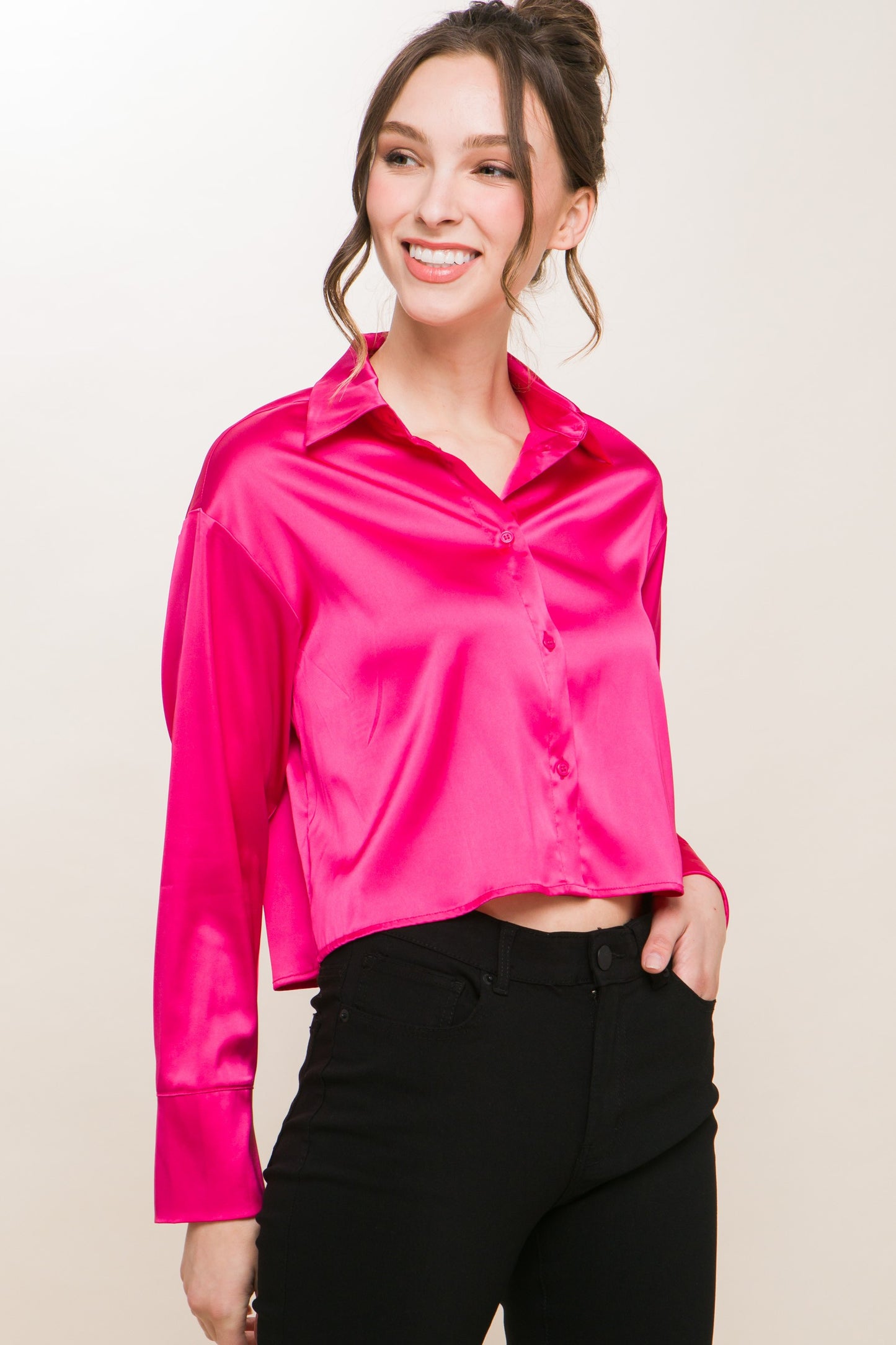 Semi Cropped Satin Long Sleeve Blouse