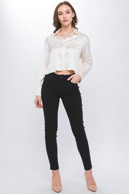 Semi Cropped Satin Long Sleeve Blouse