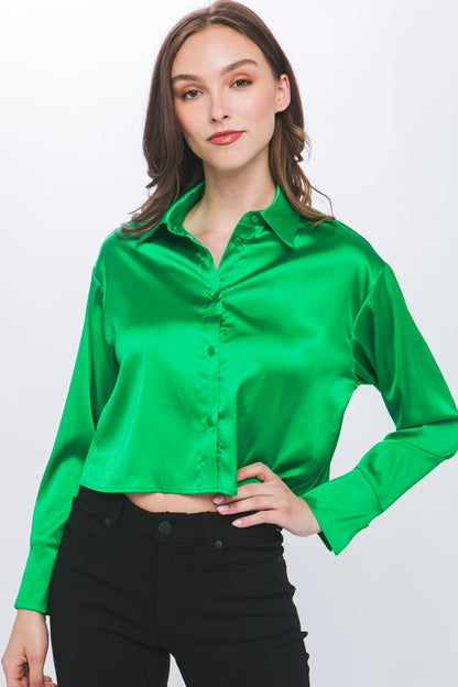 Semi Cropped Satin Long Sleeve Blouse