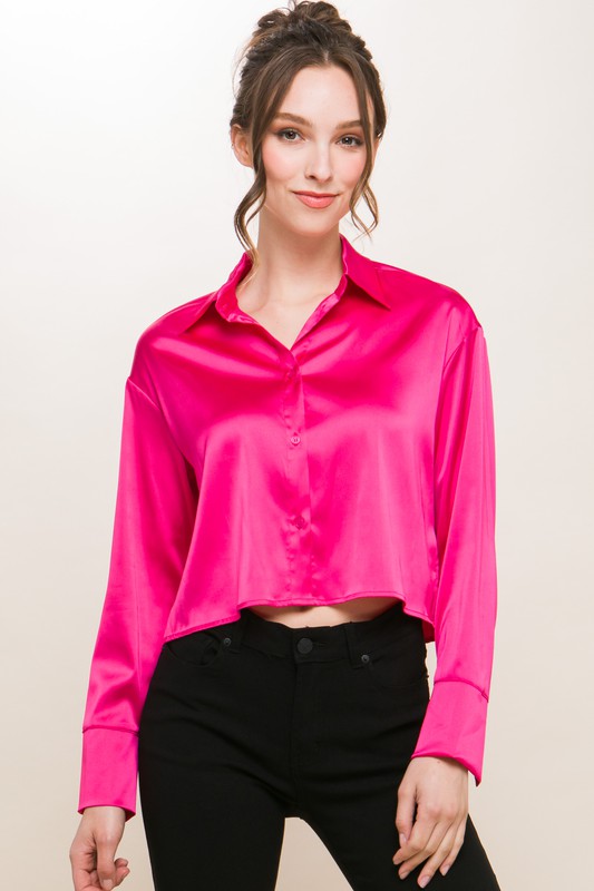 Semi Cropped Satin Long Sleeve Blouse