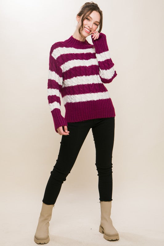 Striped Cable-Knit Pullover Sweater