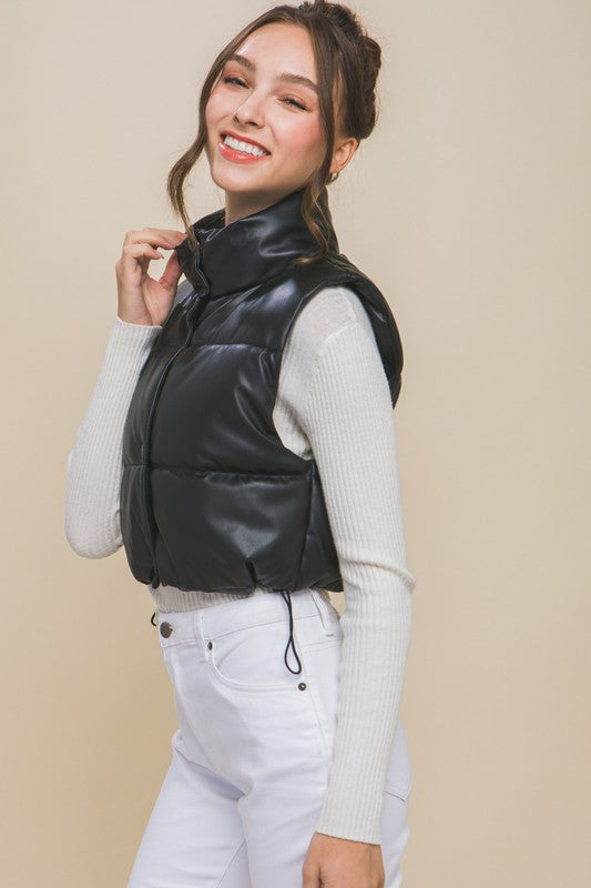 PU Faux Leather Puffer Vest With Snap Button