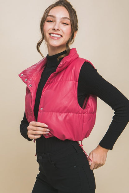 PU Faux Leather Puffer Vest With Snap Button