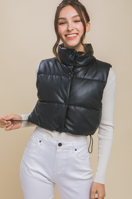 PU Faux Leather Puffer Vest With Snap Button