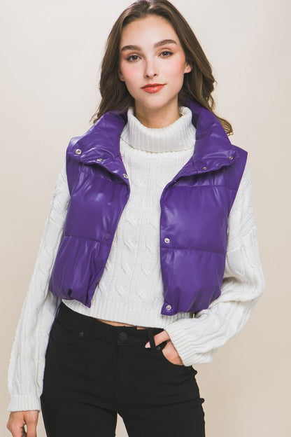 PU Faux Leather Puffer Vest With Snap Button