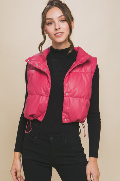 PU Faux Leather Puffer Vest With Snap Button