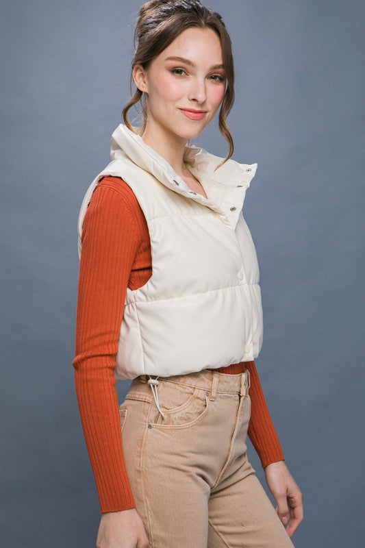 PU Faux Leather Puffer Vest With Snap Button