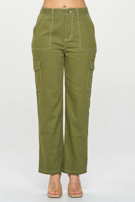 CARGO POCKET AND STITCH DETAIL STRAIGHT PANTS