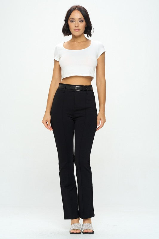 BOOT CUT PONTE HIGH WAIST OFFICE PANTS WITH BELT